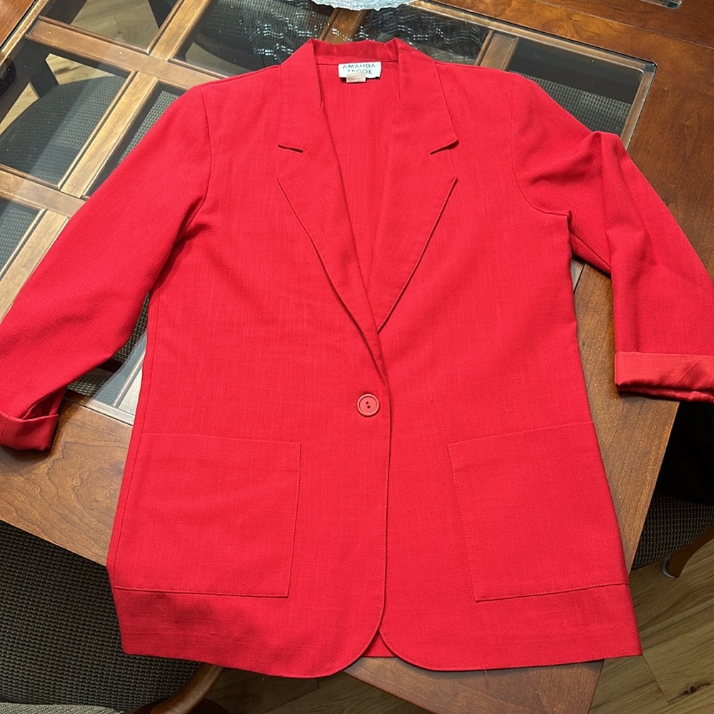 Vintage linen-like lightweight red one button blazer jacket. Amanda Brooke
